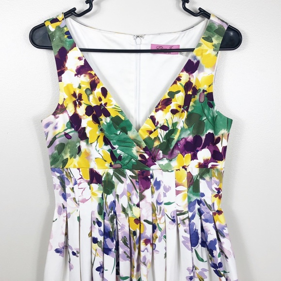 ELIZA J FLORAL FAILLE FIT AND FLARE PLEATED  DRESS - Picture 2 of 6